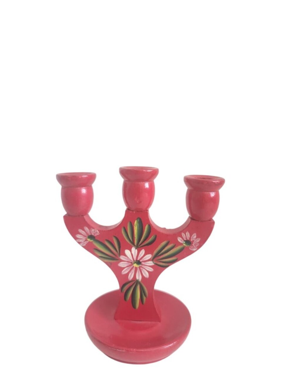 Vintage Swedish Folk Art Design candelabra, red wood hand painted 4.5" tall